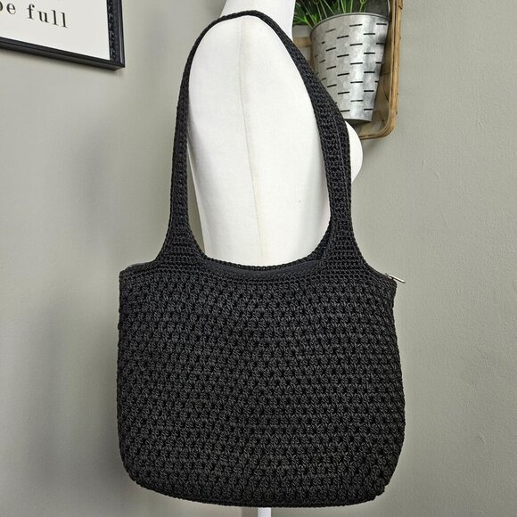 The Sak Handbags - The SAK Original Black Crochet Woven Knit Double Handle Top Zip Shoulder Bag